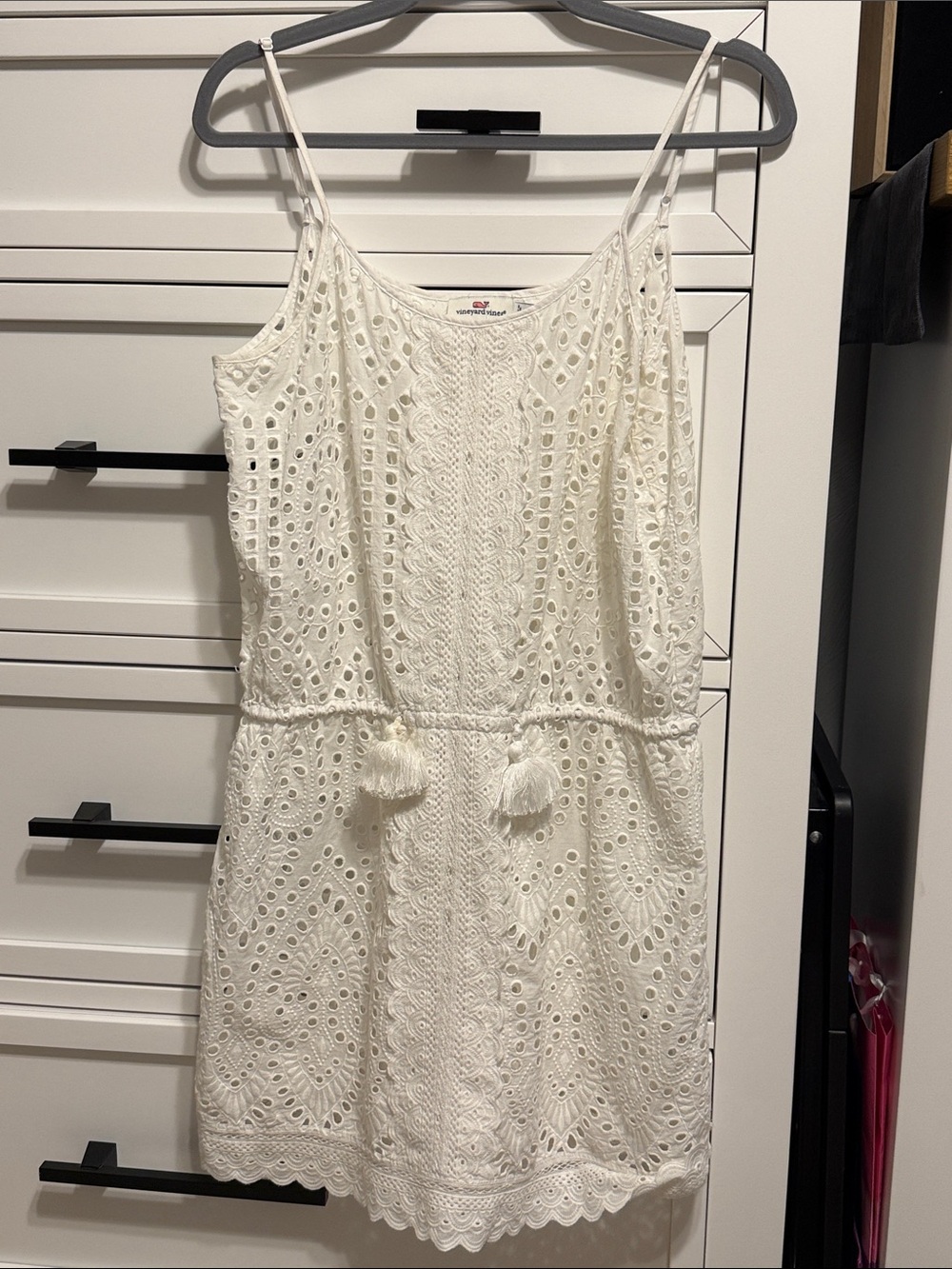 Vineyard Vines White Eyelet Tassel Tie Spaghetti Strap Mini Dress